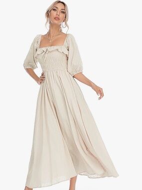 R.Vivimos Puff Sleeves Cotton Ruffled White XXL Maxi Flowy Dress Boho Peasant